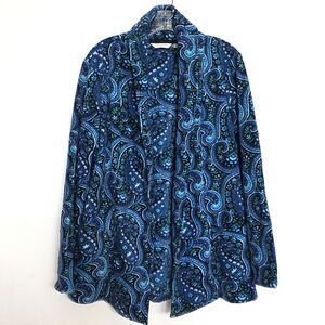 Liz Claiborne Womens M Open Front Fleece Cardigan Pockets Paisley Blue Green